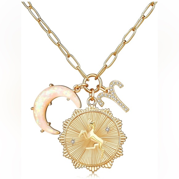 Aries zodiac necklace in gold with opal crescent moon charm adjustable 1… - Picture 1 of 4